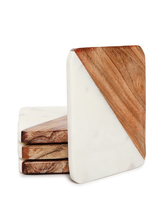 Gokraftly White Marble and Wooden Coasters Set of 4 for Tea Coasters - Handcrafted Coaster Gift Items (Square with Wood 1) - Image 2